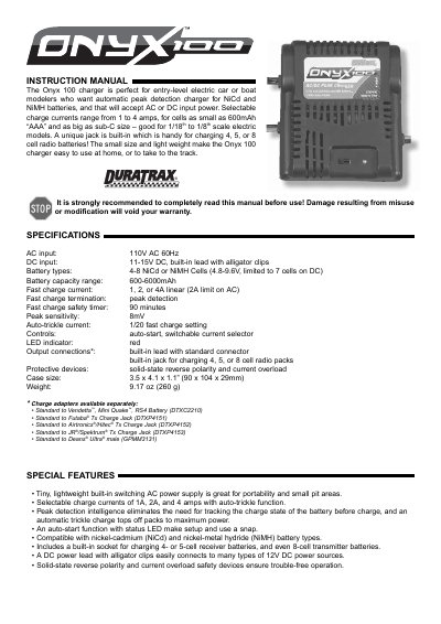 DuraTrax Onyx 100 Charger User Manual - cover page