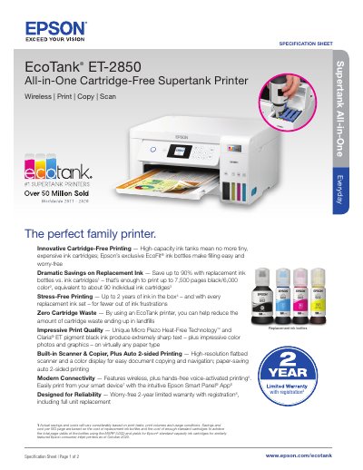 Epson EcoTank ET-2850 All-in-One Printer Specification Sheet - cover page