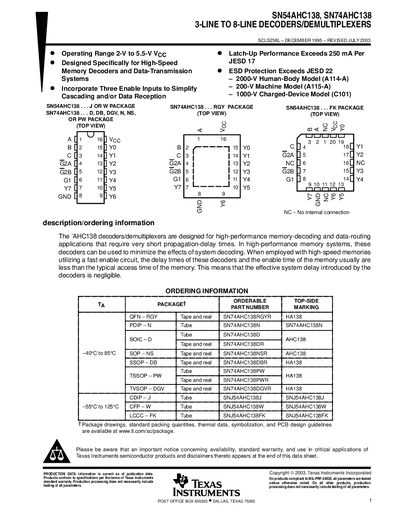 Texas Instruments SN54AHC138 SN74AHC138 Datasheet - cover page