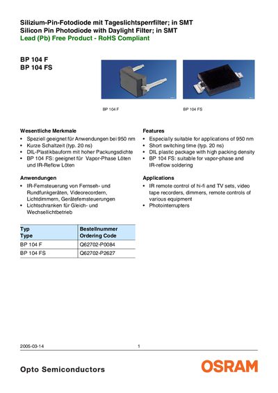 OSRAM BP 104 F / BP 104 FS Silicon Pin Photodiode Datasheet - cover page