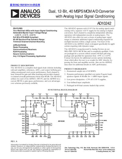 ANALOG DEVICES Dual 12-Bit 40 MSPS MCM A/D Converter a with Analog Input Signal Conditioning AD10242 handbook - cover page