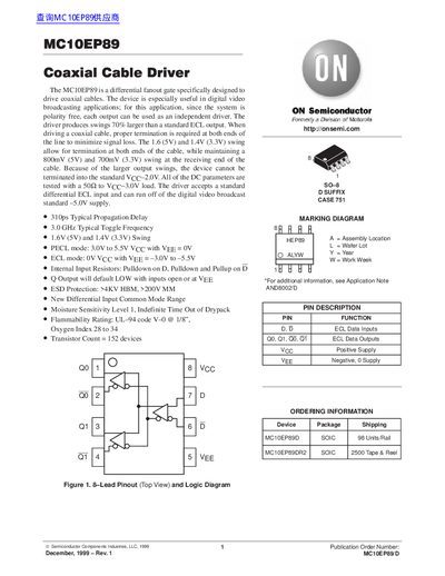ON Semiconductor MC10EP89 Coaxial Cable Driver Datasheet - cover page