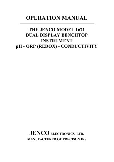 Jenco 1671 Dual Display Benchtop Instrument Operation Manual cover