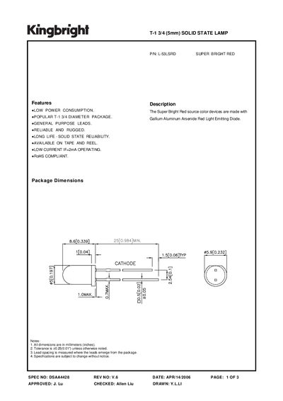 KINGBRIGHT - L-53LSRD SUPER BRIGHT RED T-1 3/4 (5mm) SOLID STATE LAMP Manual - cover page