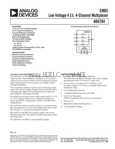 Analog Devices ADG704 4‑Channel Multiplexer Datasheet - cover page