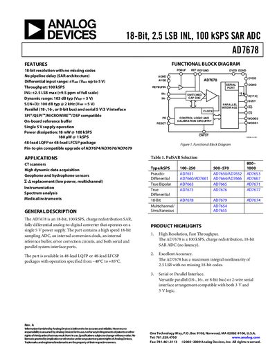 Analog Devices AD7678 Datasheet - cover page