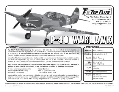 Top Flite P-40 Warhawk ARF Assembly and Operation Manual - cover page
