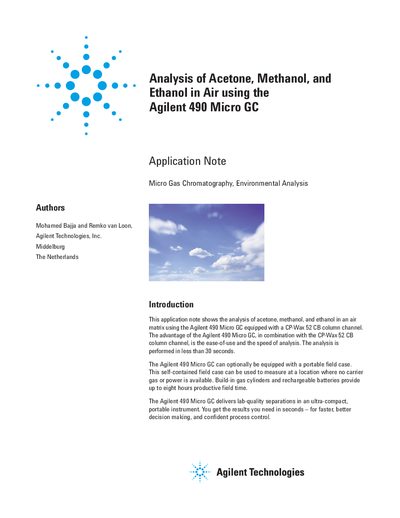 Agilent 490 Micro GC Application Note for Acetone, Methanol, and Ethanol Analysis in Air - cover page