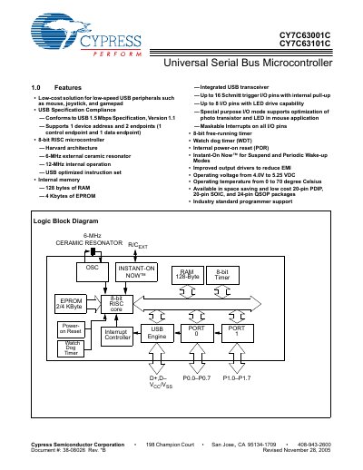 Cypress CY7C63001C / CY7C63101C USB Microcontroller User Manual