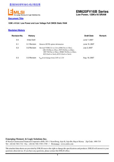 EMLSI EM620FV16B Series Low Power SRAM Datasheet - cover page