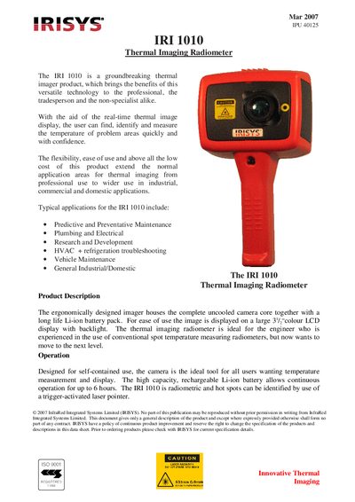 IRISYS IRI 1010 Thermal Imaging Radiometer Datasheet - cover page