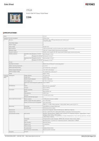 Keyence VT3-V8 8-inch VGA TFT Colour Touch Panel Datasheet - cover page
