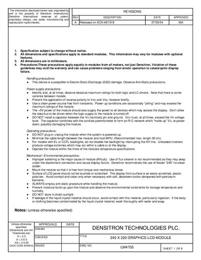 Densitron LM4755 240x320 Graphics LCD Module Datasheet - cover page