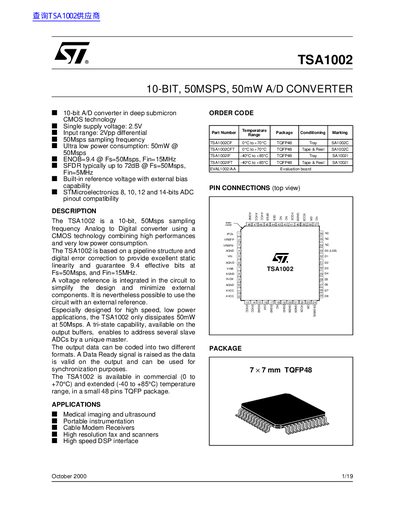 STMicroelectronics TSA1002 10-Bit A/D Converter Datasheet - cover page