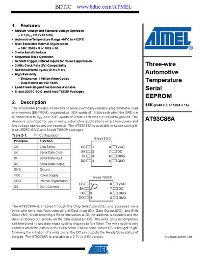 Atmel AT93C86A Serial EEPROM Datasheet - cover page