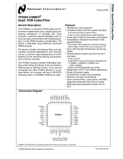 National Semiconductor TP3094 Quad PCM Codec/Filter Manual - cover page