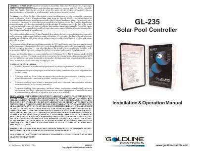 Goldline GL-235 Solar Pool Controller Installation & Operation Manual