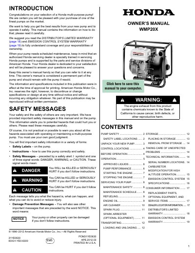 Honda WMP20X Multi-Purpose Pump Owner's Manual - cover page
