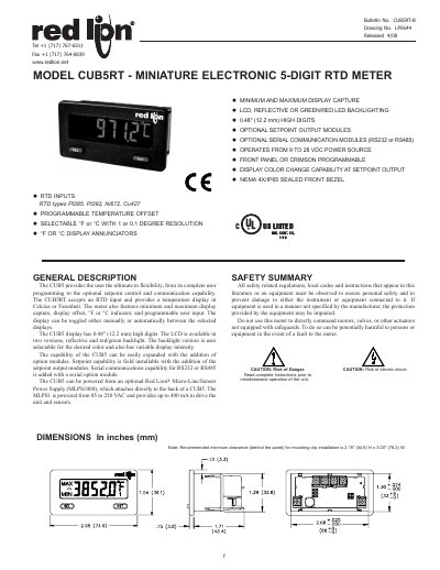 Red Lion CUB5RT Miniature Electronic 5‑Digit RTD Meter User Manual - cover page
