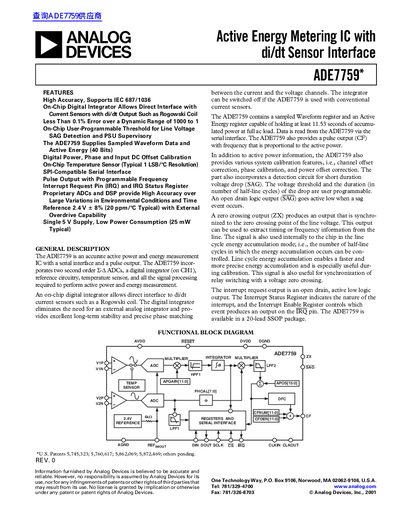 ANALOG DEVICES Active Energy Metering IC with di/dt Sensor Interface ADE7759* Manual - cover page