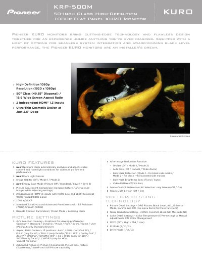 Pioneer KRP-500M 50-Inch Class High-Definition 1080p Flat Panel KURO Monitor User Manual - cover page