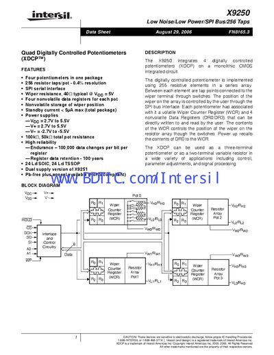 Intersil X9250 Quad Digitally Controlled Potentiometer Data Sheet - cover page