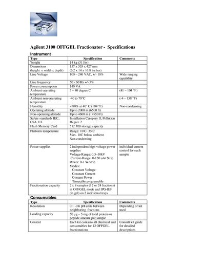 Agilent 3100 OFFGEL Fractionator Specifications Datasheet - cover page