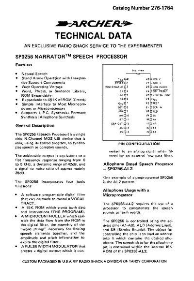 Radio Shack SP0256 Speech Processor User Manual - cover page
