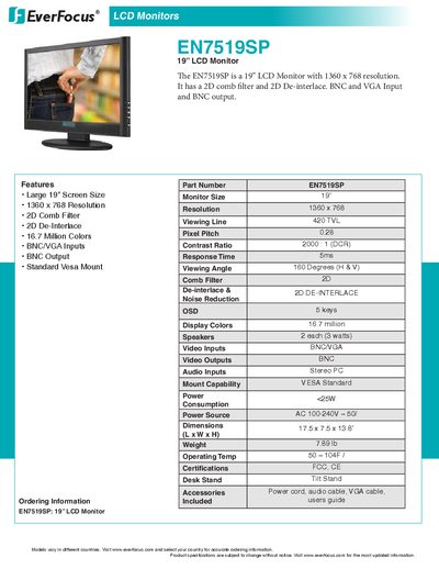 EverFocus EN7519SP 19" LCD Monitor Product Specification - cover page
