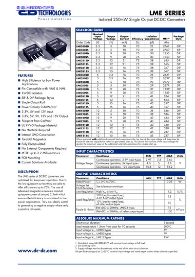 C&D Technologies LME Series Isolated 250mW Single Output DC-DC Converter Datasheet - cover page