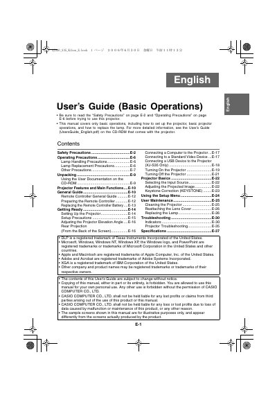 Casio XJ-S30/XJ-S35 Projector User's Guide (Basic Operations) - cover page