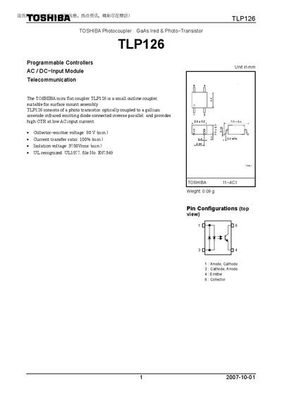 Toshiba TLP126 Photocoupler Datasheet - cover page