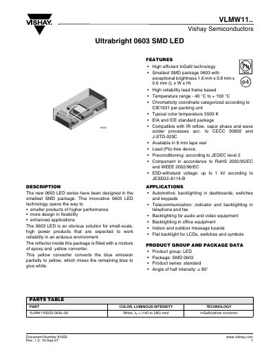 Vishay VLMW11R2S2-5K8L-08 Ultrabright 0603 SMD LED Datasheet - cover page