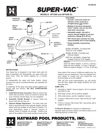 Hayward SP1068 and SP1068 DL Super-Vac Owner's Guide - cover page