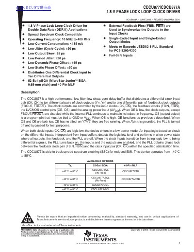 Texas Instruments CDCU877/CDCU877A 1.8-V Phase Lock Loop Clock Driver Datasheet - cover page