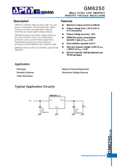 APM GM6250 300mA Ultra Low Dropout Positive Voltage Regulator Datasheet - cover page