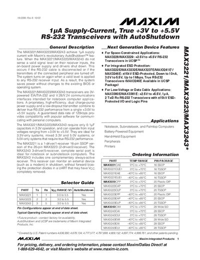 Maxim MAX3221/MAX3223/MAX3243 RS-232 Transceiver Datasheet - cover page