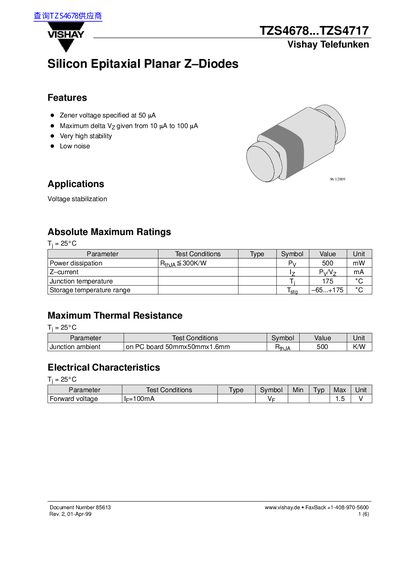 Vishay TZS4678...TZS4717 Silicon Epitaxial Planar Z-Diodes Datasheet - cover page
