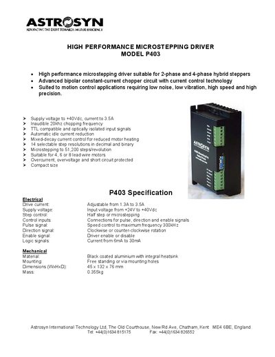 Astrosyn P403 High Performance Microstepping Driver Specification Sheet - cover page