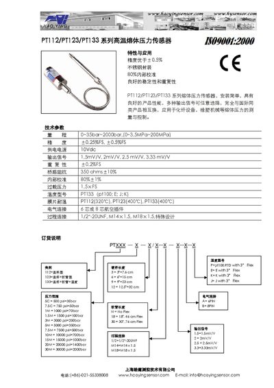 Haoying PT112/PT123/PT133 High‑Temperature Melt Pressure Sensor Datasheet - cover page