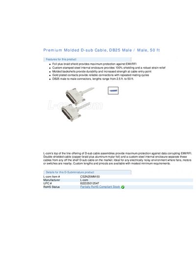 Premium Molded D-sub Cable DB25 Male Male 50 ft - cover page