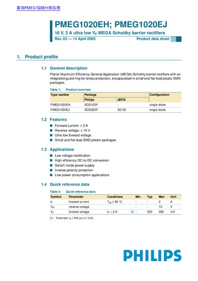 Philips PMEG1020EH; PMEG1020EJ Schottky Barrier Rectifiers Product Data Sheet - cover page