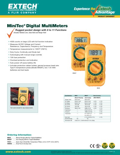 EXTECH MiniTec Digital MultiMeter MN25/MN26T Datasheet - cover page
