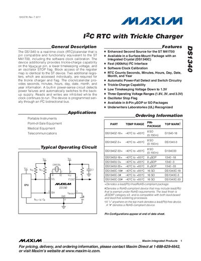 Maxim DS1340 I2C RTC with Trickle Charger Datasheet - cover page