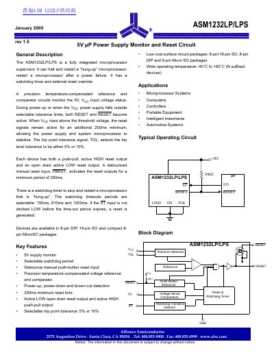 Alliance Semiconductor ASM1232LP/LPS 5V Power Supply Monitor Datasheet - cover page
