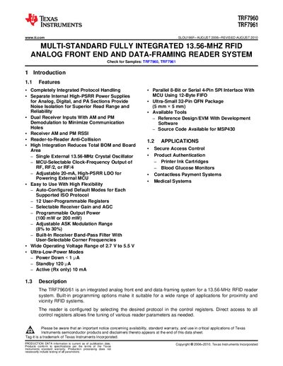 TEXAS INSTRUMENTS TRF7960 TRF7961 handbook - cover page