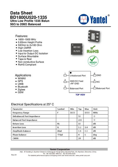 Yantel RBD1800U520-1335 Ultra Low Profile Balun Data Sheet - cover page