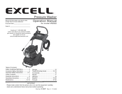 Ex-Cell VR2522 Pressure Washer Operation Manual - cover page
