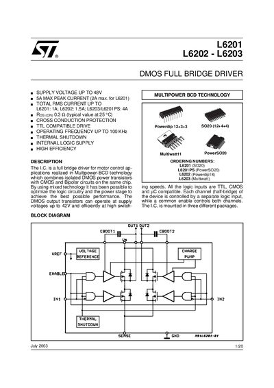 STMicroelectronics L6201 L6202 L6203 DMOS Full Bridge Driver Datasheet - cover page
