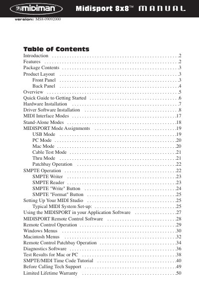 MIDIMAN MIDISPORT 8x8 MIDI Interface User Manual - cover page